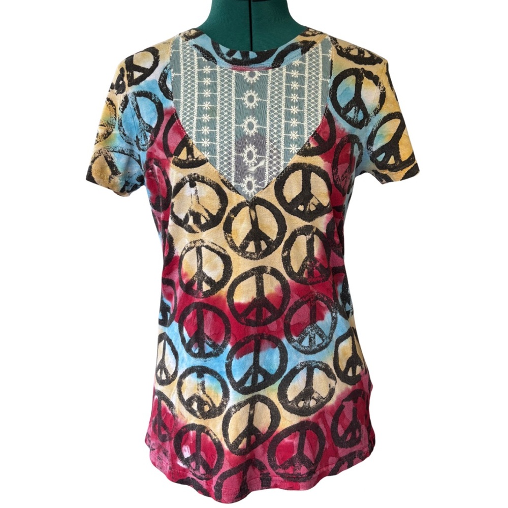 Upcycled by Me: Multicolor Boho Hippie Peace Sign Women’s T Lace Detail small XS